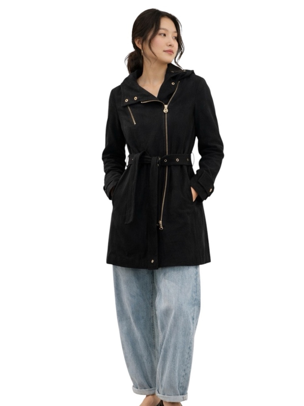 Michael Michael Kors Black Trench Coat with Belt and Gold Accents Size 4